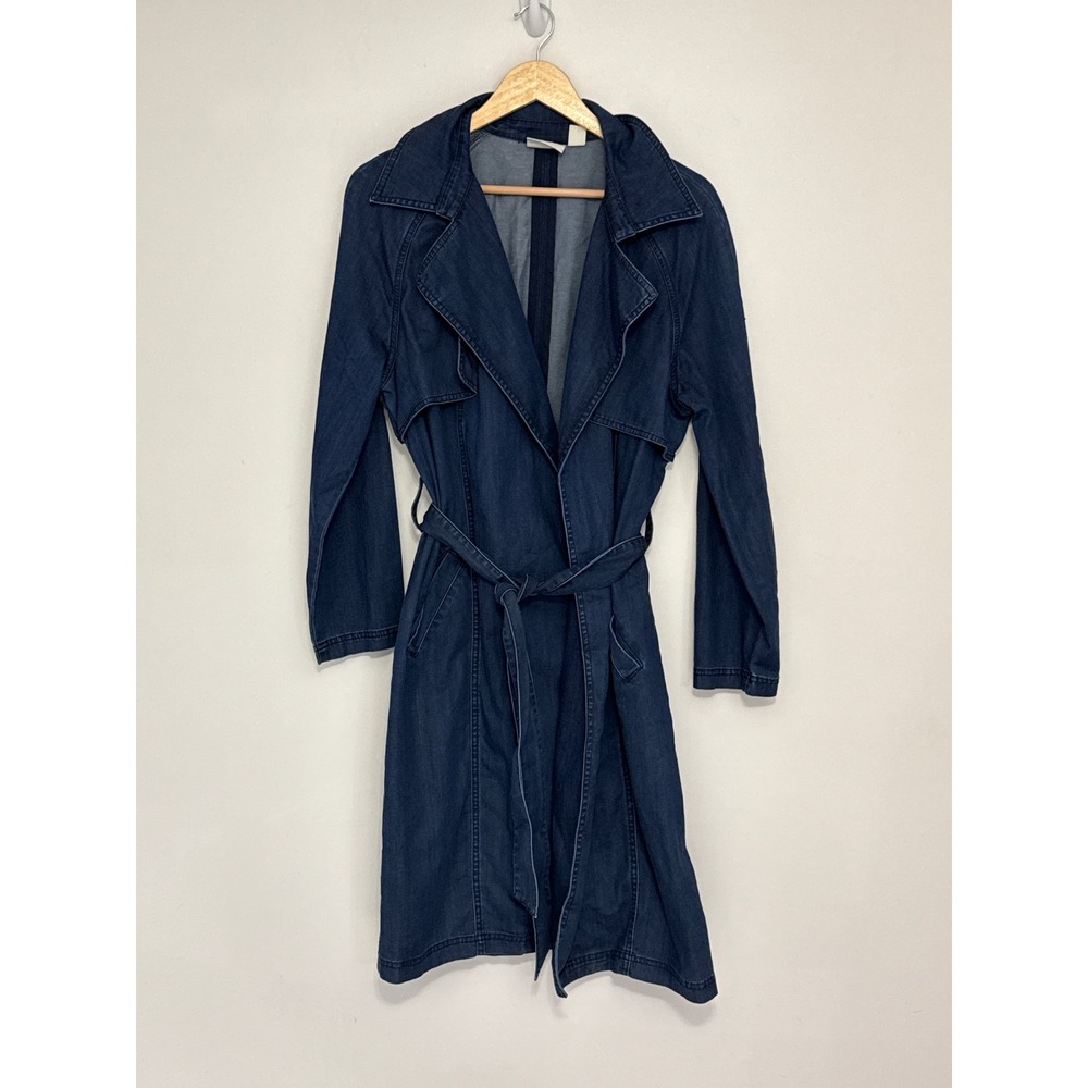 Chico's Denim Trench Coat Duster Womens Size 2 or L Dark Wash Utility Minimalist